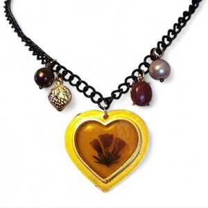 Handmade upcycled resin pressed flower heart charm necklace